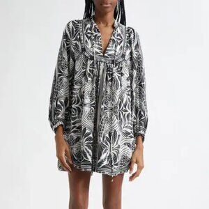 Farm Rio Scarf Print Long Sleeve Linen Blend Minidress.   Sz: Small